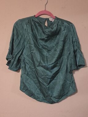 Teal Satin Draped Neck Short Sleeve Blouse